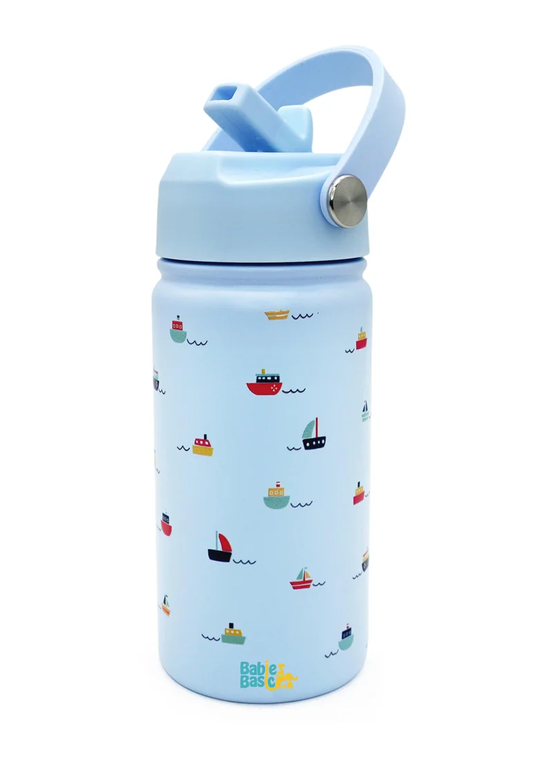 Babies Basic Babies Basic Kids Stainless Steel Water Bottle with Straw - 400ml – Double Wall Vacuum Insulated, Leakproof Thermal Flask, BPA-Free, Reusable Drinking Bottle for School & Travel - Boat Themed - Blue