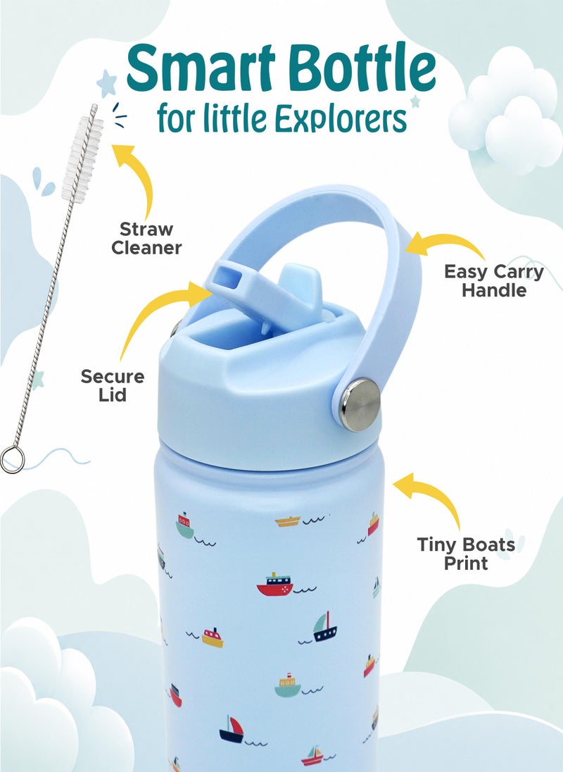 Babies Basic Kids Stainless Steel Water Bottle with Straw - 400ml – Double Wall Vacuum Insulated, Leakproof Thermal Flask, BPA-Free, Reusable Drinking Bottle for School & Travel - Boat Themed - Blue - Image 4