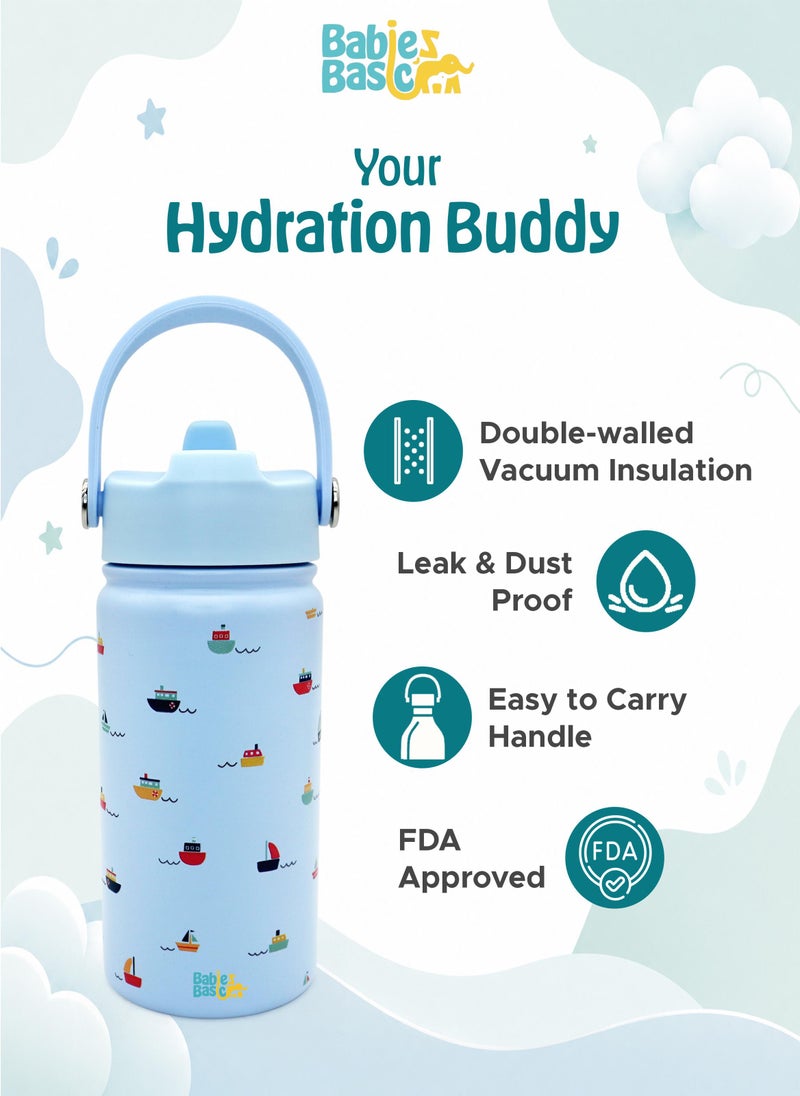 Babies Basic Kids Stainless Steel Water Bottle with Straw - 400ml – Double Wall Vacuum Insulated, Leakproof Thermal Flask, BPA-Free, Reusable Drinking Bottle for School & Travel - Boat Themed - Blue - Image 5