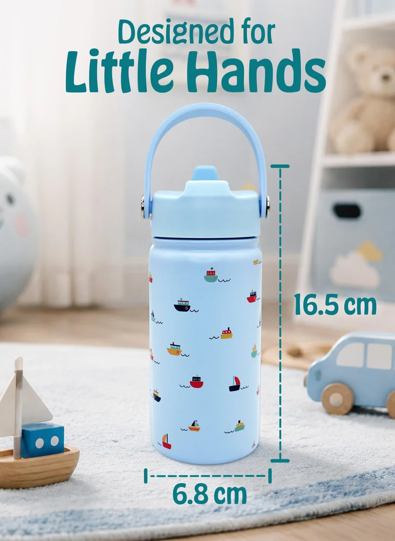 Babies Basic Babies Basic Kids Stainless Steel Water Bottle with Straw - 400ml – Double Wall Vacuum Insulated, Leakproof Thermal Flask, BPA-Free, Reusable Drinking Bottle for School & Travel - Boat Themed - Blue