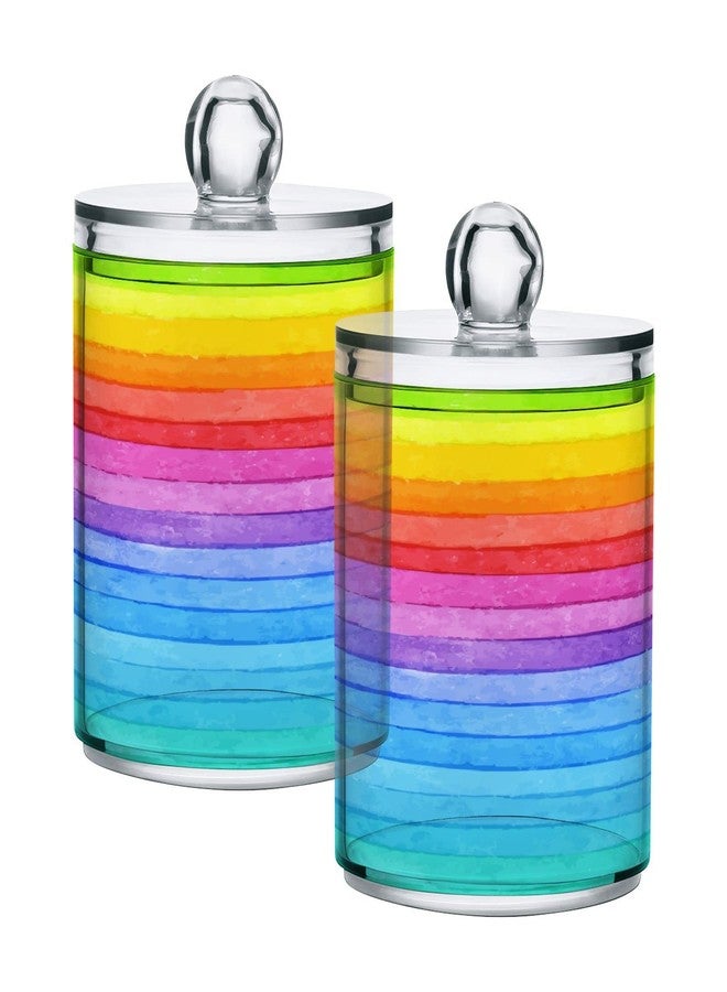 Kigai 2 Pack Rainbow Stripe Qtip Holders - Dispenser Bathroom Vanity Organizers - Clear Plastic Apothecary Jars with Lids for Cotton Swab, Cotton Round Pads, Floss - Image 1