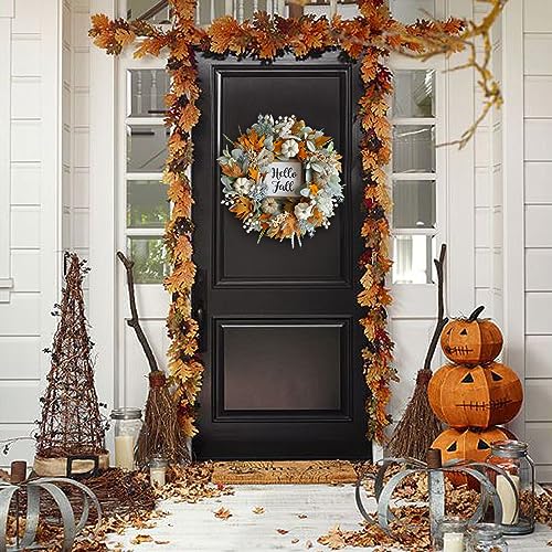CIR OASES 20inch Thanksgiving Fall Wreath, Eucalyptus Berries Pumpkins Lamb Ears Leaves Autumn Wreaths for Front Door, Fall Decor, Porch Wall, Home Outdoor Holiday Decorations Wreath for Autumn - Image 5