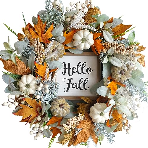 CIR OASES 20inch Thanksgiving Fall Wreath, Eucalyptus Berries Pumpkins Lamb Ears Leaves Autumn Wreaths for Front Door, Fall Decor, Porch Wall, Home Outdoor Holiday Decorations Wreath for Autumn - Image 1