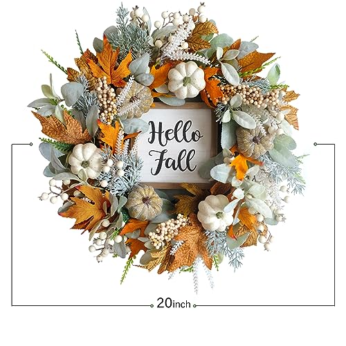 CIR OASES 20inch Thanksgiving Fall Wreath, Eucalyptus Berries Pumpkins Lamb Ears Leaves Autumn Wreaths for Front Door, Fall Decor, Porch Wall, Home Outdoor Holiday Decorations Wreath for Autumn - Image 3