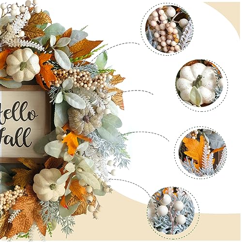 CIR OASES 20inch Thanksgiving Fall Wreath, Eucalyptus Berries Pumpkins Lamb Ears Leaves Autumn Wreaths for Front Door, Fall Decor, Porch Wall, Home Outdoor Holiday Decorations Wreath for Autumn - Image 2