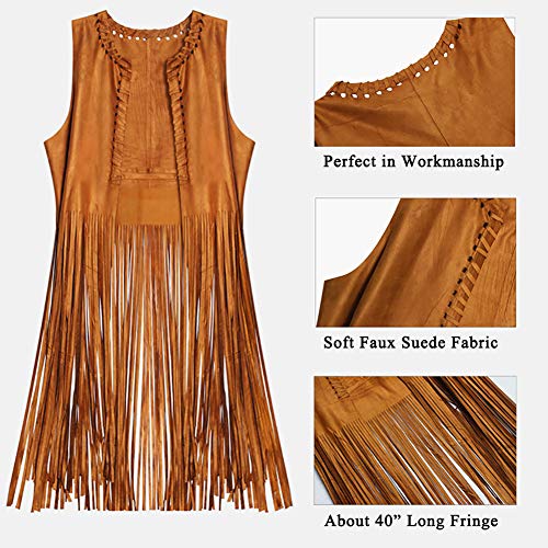 EVISWIY Hippie Costumes Clothes for Women 60s 70s Outfits Women Hippie Vest with Fringe Sleeveless Cardigan Faux Seude Tassels Vest Set (Large) Beige - Image 3