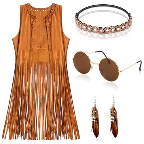 EVISWIY Hippie Costumes Clothes for Women 60s 70s Outfits Women Hippie Vest with Fringe Sleeveless Cardigan Faux Seude Tassels Vest Set (Large) Beige - Image 5