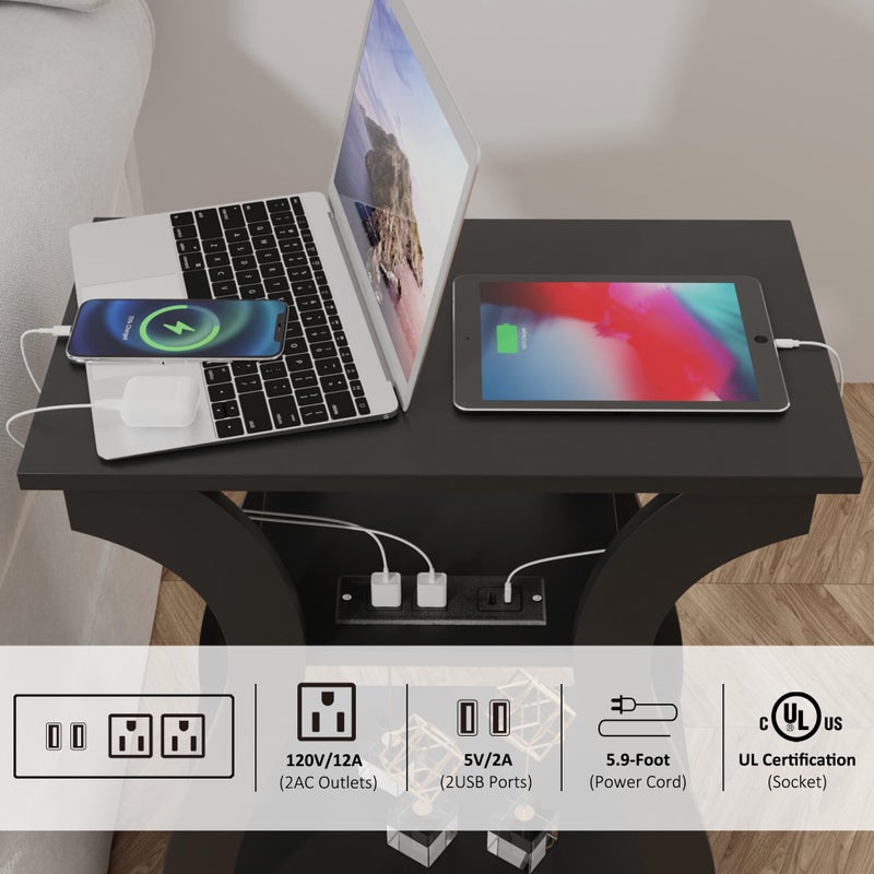 FROMJBEST End Table with Charging Station, Side Table with USB Ports and Outlets, Nightstand, 3 Tier End Table with Storage Shelf for Living Room, Bedroom (Black) - Image 5