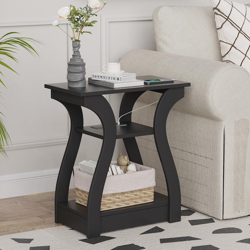 FROMJBEST End Table with Charging Station, Side Table with USB Ports and Outlets, Nightstand, 3 Tier End Table with Storage Shelf for Living Room, Bedroom (Black) - Image 1