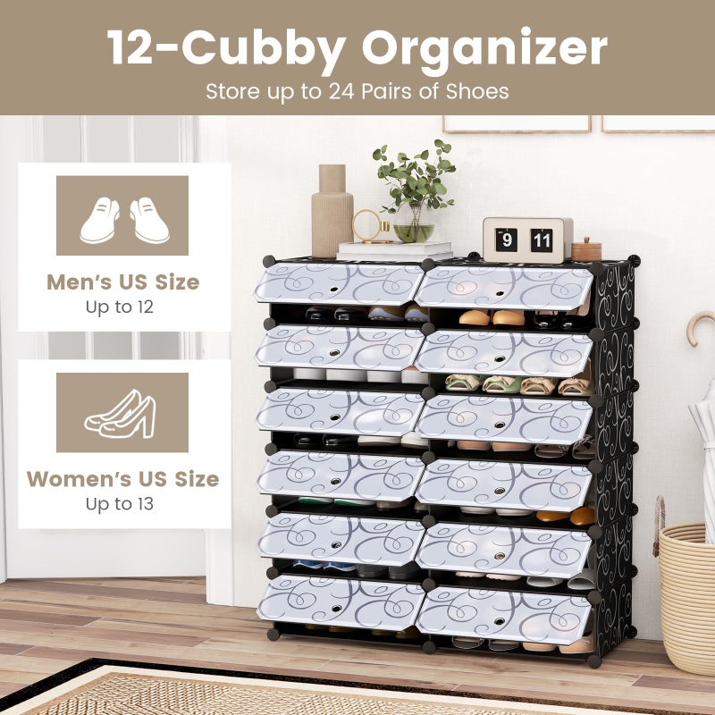 COSTWAY Shoe Rack Organizer, 6 Tier Shoe Shelves with Covers, DIY Design, 24-Pair Stackable Cube Organizer Boxes, Freestanding Shoe Cabinet for Entryway Bedroom Closet Hallway (Black) - Image 3