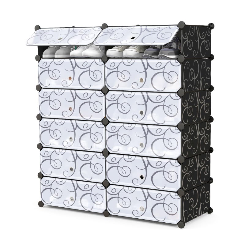 COSTWAY Shoe Rack Organizer, 6 Tier Shoe Shelves with Covers, DIY Design, 24-Pair Stackable Cube Organizer Boxes, Freestanding Shoe Cabinet for Entryway Bedroom Closet Hallway (Black) - Image 1