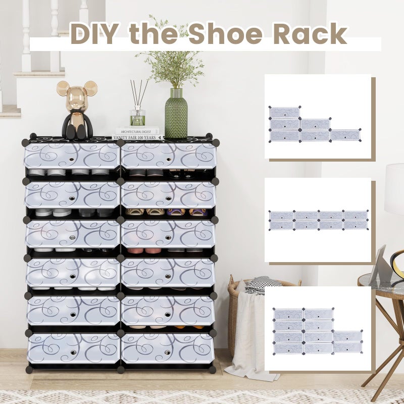 COSTWAY Shoe Rack Organizer, 6 Tier Shoe Shelves with Covers, DIY Design, 24-Pair Stackable Cube Organizer Boxes, Freestanding Shoe Cabinet for Entryway Bedroom Closet Hallway (Black) - Image 4