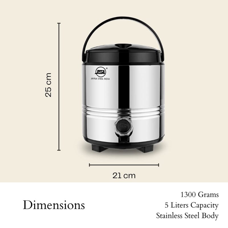 JSI جهاز توزيع المياه من الفولاذ الغذائي JSI سعة 5 لترات فضي I معزول PUF للماء الساخن والبارد لمدة تصل إلى 4 إلى 5 ساعات I سهل الحمل I مثالي للسفر المكتب المنزل المطبخ I زجاجة فراغ مزدوجة الجدران من ثيرموستيل - Image 4