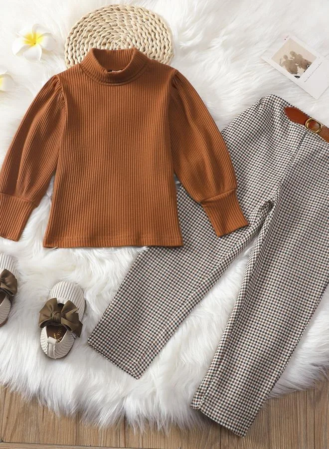 Take Two Take Two Solid Textures Top with Checked Pants Set