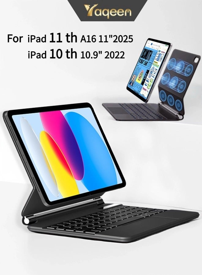Yaqeen Magic Keyboard For iPad 11th Generation Case and And iPad 10th (A16 2025 11 inch), iPad keyboard cover Built-In Pen Slot Flip-Top Smart Wake-Up- Black