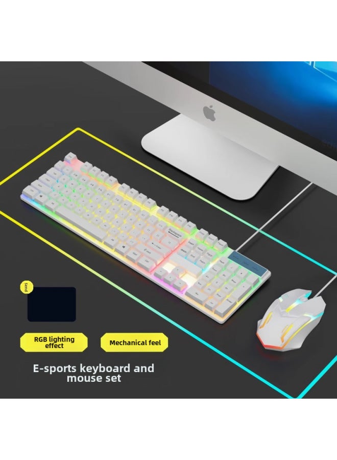 E-sports Keyboard And Mouse Set Mechanical Feel Girls Office Game Computer Silent Wired Mouse Pad Three-piece Set-Color:Keyboard And Mouse Set + Free Mouse Pad 【real Mechanical Feel | Full on Without Punching】 Daytime Story-