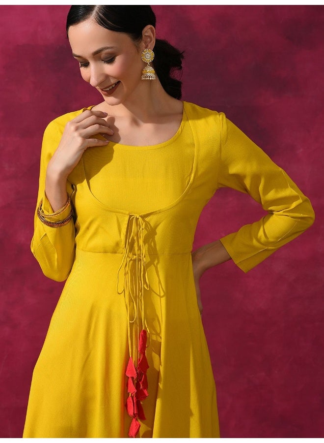 AKS Mustard Flared Anarkali With Tassels  - Image 2