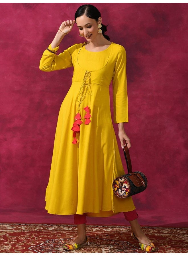 AKS Mustard Flared Anarkali With Tassels  - Image 1