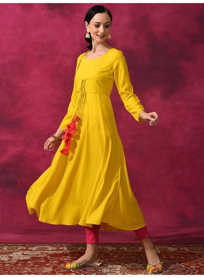 AKS Mustard Flared Anarkali With Tassels  - Image 4