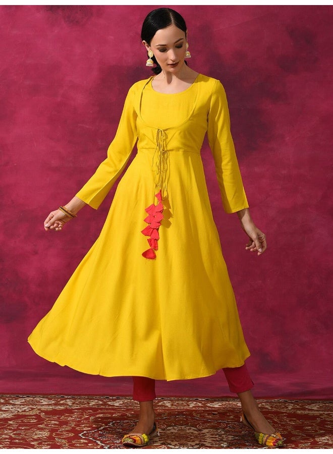 AKS Mustard Flared Anarkali With Tassels  - Image 3