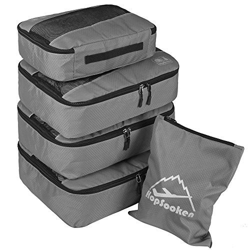 HOPSOOKEN 5pc Packing Cubes Set Large Travel Luggage Organizer 4 Cubes 1 Laundry Pouch Bag (Gray) - Image 1