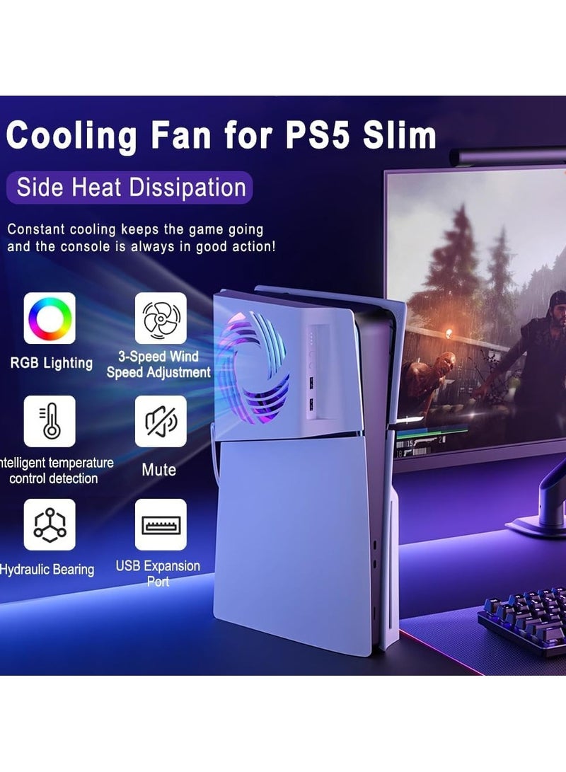 مروحة تبريد PS5 Slim مع تهوية جانبية، تحكم حراري تلقائي، إضاءة LED ملونة RGB، مروحة قابلة للتعديل بثلاث سرعات، محور USB مزدوج، وملحقات الوقاية من السخونة الزائدة بصامت - Image 5