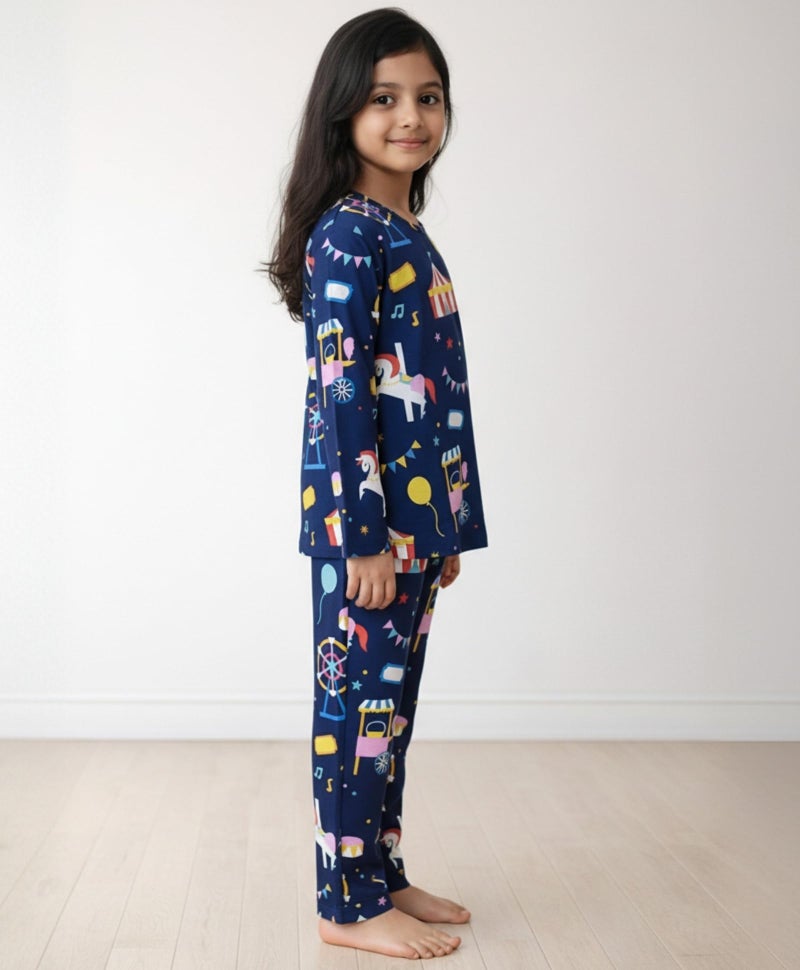 ANTHRILO Pure Cotton Printed Pyjama Set for Girls | Regular Wear | Carnival Circus Long Sleeves Pyjama Set - Blue 4-5 Years - Image 3
