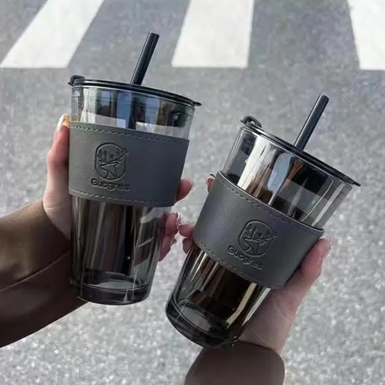 KRIVAZ Tumbler with lid and Straw with Leather Grip Pack of 2 400ml Clear Drinking Glasses Tumblers with Straws and Lids for Iced Tea Juice Cocktail Smoothies Drinks CupsBlack - Image 1