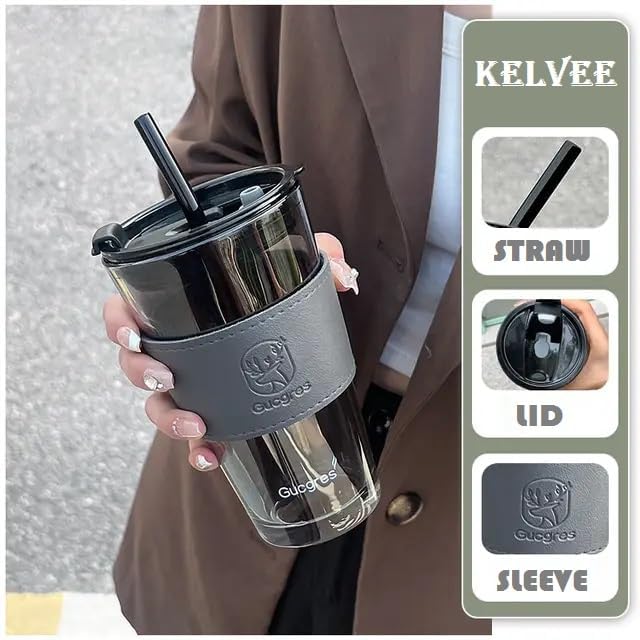 KRIVAZ Tumbler with lid and Straw with Leather Grip Pack of 2 400ml Clear Drinking Glasses Tumblers with Straws and Lids for Iced Tea Juice Cocktail Smoothies Drinks CupsBlack - Image 2