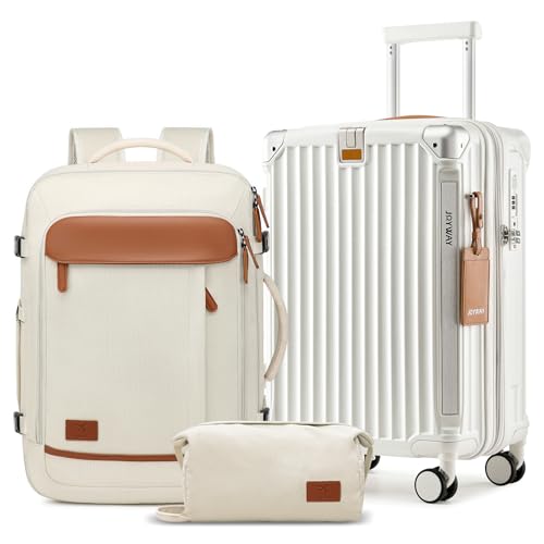 Joyway 20in Carry On Luggage with Cup Holder and USB Port, 25% Expandable Capacity, Smart Suitcase with Anti Slip Wheels and Backpack, Perfect for Men and Women 3 Piece Set White - Image 1