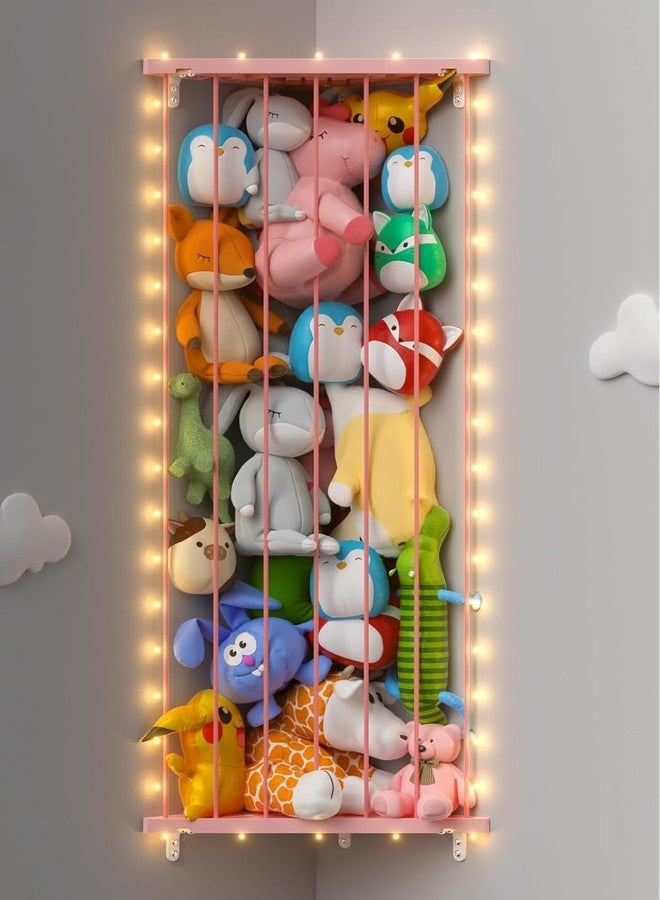 Befayoo Stuffed Animal Storage Shelf Organizer(Patented) - Corner Stuffed Animal Holder Length Adjustable - Wall Plush Storage for Nursery Playroom Bedroom Kids Room (Pink+Light, Standard) - Image 1
