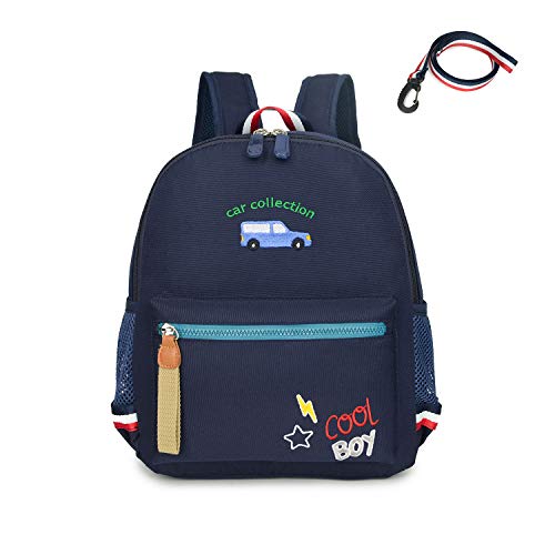 willikiva Cartoon Bus 12 Kindergarten Backpack for Kids Girls and Boys,Waterproof Preschool Toddler Backpack Wiht Leash and Safety Harness(Deep Blue) - Image 1