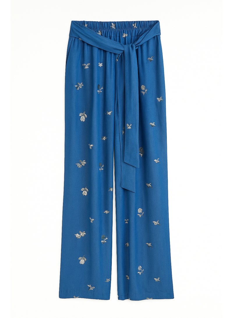 CHEVALIER FASHION Women’s Wide-Leg Embroidered Floral Pants with Waist Tie – Elegant Blue - Image 3