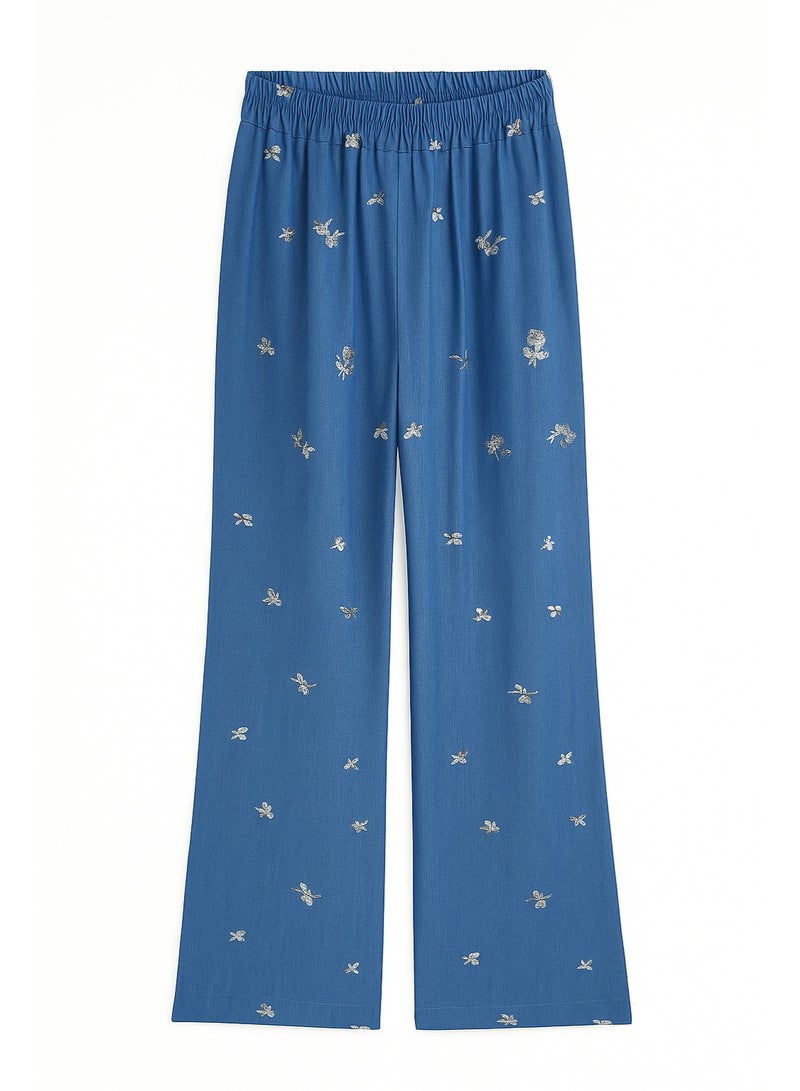 CHEVALIER FASHION Women’s Wide-Leg Embroidered Floral Pants with Waist Tie – Elegant Blue - Image 4