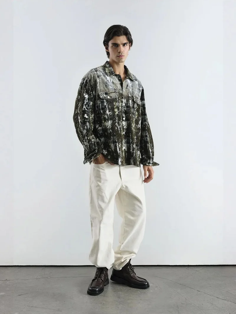 جيستو GIESTO Textured Plaid Oversized Shirt with Pocket