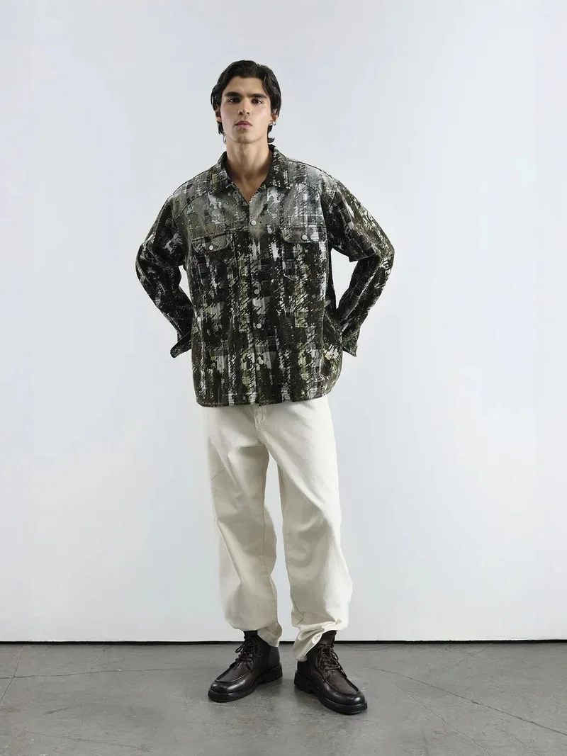 جيستو GIESTO Textured Plaid Oversized Shirt with Pocket