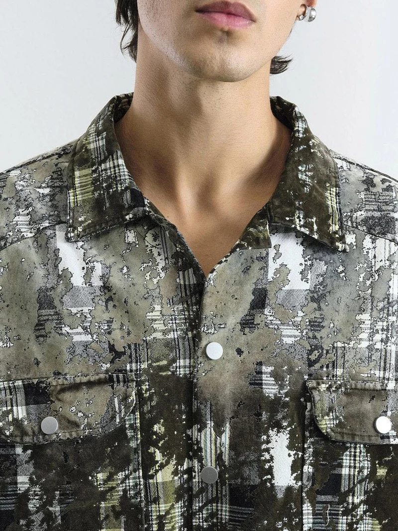 Giesto Khaki Green GIESTO Textured Plaid Oversized Shirt with Pocket for Men | Best Price UAE