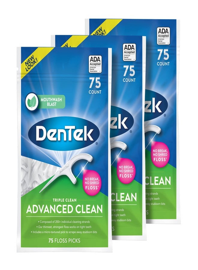 دينتك أعواد تنظيف الأسنان DenTek Triple Clean Advanced Clean Floss Picks، خيط تنظيف لا ينكسر ولا يتمزق، 75 عودًا، عبوة من 3 قطع - Image 1