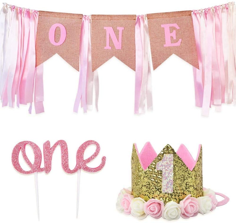 بارتي ويذ إيما 1st زينة عيد ميلاد الخيش كرسي مرتفع راية كعكة قبعة توبر تاج الوردي مجموعة من 3 قطع - Image 2