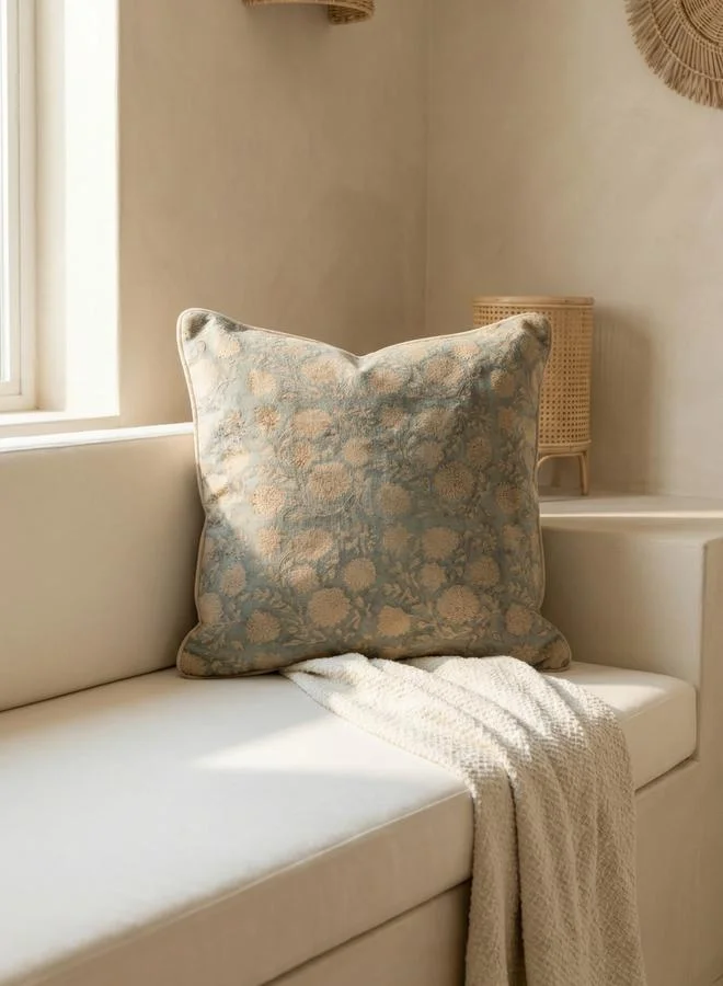 Sanskrutihomes Grey Floral Square Textured Velvet Cushion Cover, Medium