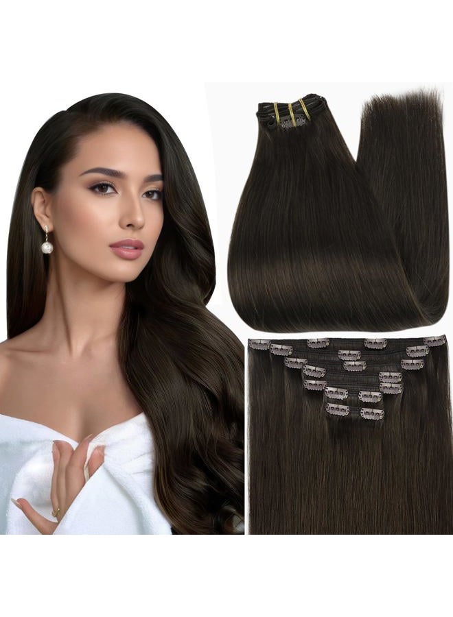 Full Shine إضافات شعر بنية طويلة قابلة للتثبيت بشري 22 بوصة شعر حقيقي مستقيم بني داكن للنساء 7 قطع - Image 1