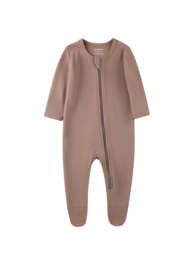 Owlivia Organic Cotton Baby Pajamas, Boys Girls 3-Pack Zip Front Sleep 'N Play, Footed Sleeper, Long Sleeve(0-3 Months, Brown&Beige&Ivory White) - Image 2