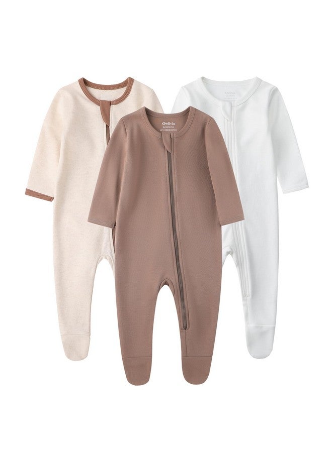 Owlivia Organic Cotton Baby Pajamas, Boys Girls 3-Pack Zip Front Sleep 'N Play, Footed Sleeper, Long Sleeve(0-3 Months, Brown&Beige&Ivory White) - Image 1