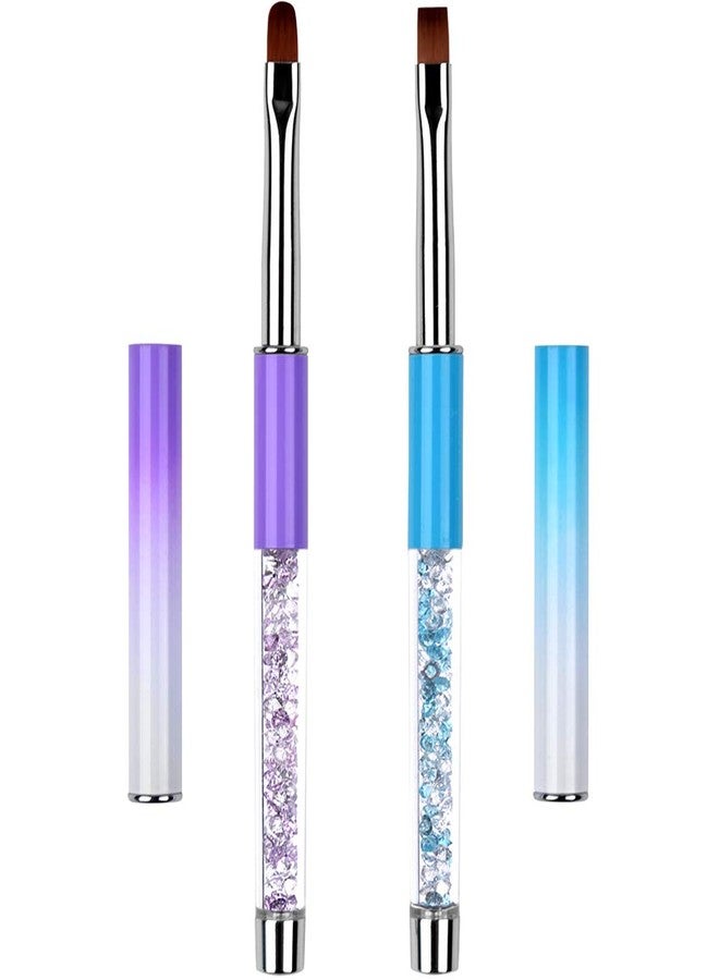 Ycyan 2Pcs Oval & Flat UV Gel Nail Brush Set Rhinestone Handle Professional Nail Art Design Brushes Multi-colored - Image 1