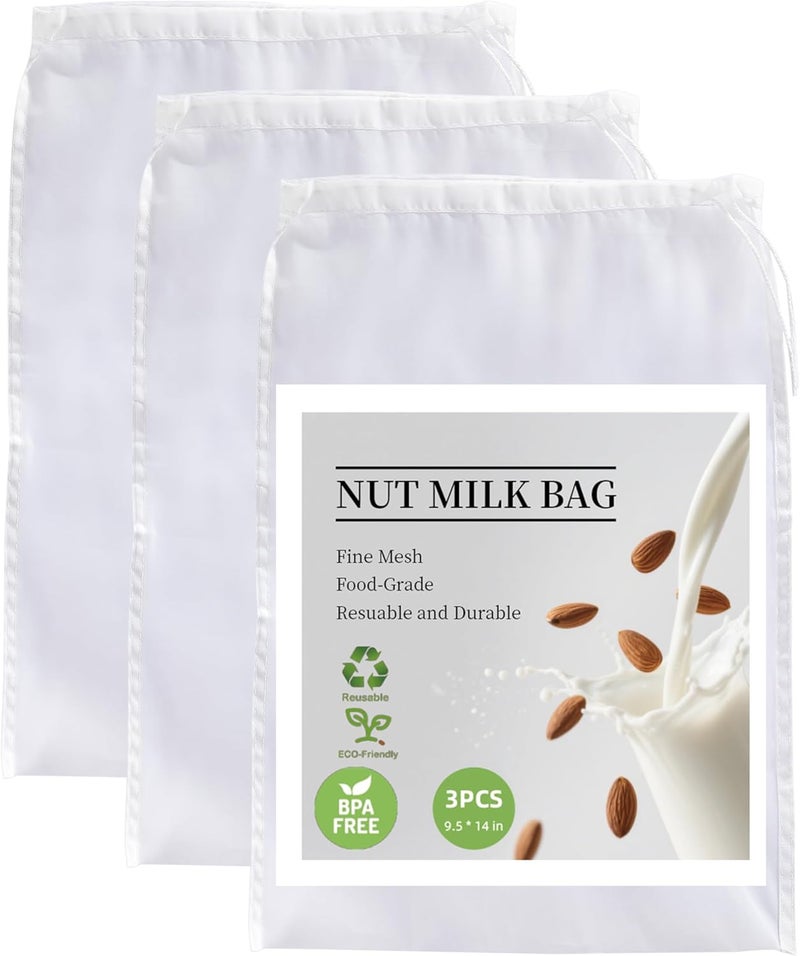 COKUMA 3 Pack Reusable Nut Milk Bag, Food-Grade Nylon Cheese Cloth Bag for Straining, Strong Fine Mesh Strainer Bags with Drawstring for Nut Milk, Cold Brew Coffee, Greek Yogurt, Tea and Juice, 9.5"x14" - Image 1