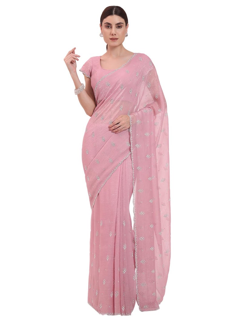 FIORRA Women's Light Pink Organza Crushed Siroski Work Embellished Border Saree With Unstitched Blouse - Image 1