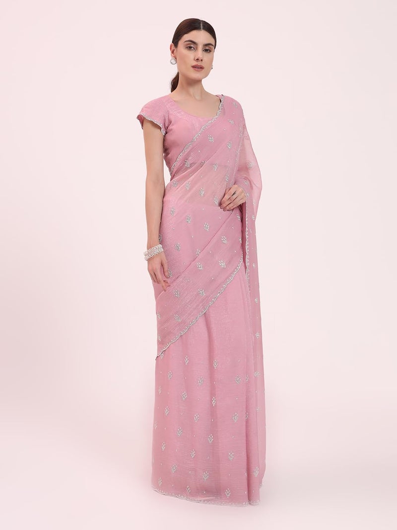 FIORRA Women's Light Pink Organza Crushed Siroski Work Embellished Border Saree With Unstitched Blouse - Image 3