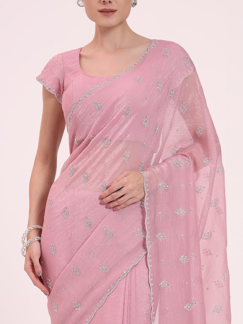 FIORRA Women's Light Pink Organza Crushed Siroski Work Embellished Border Saree With Unstitched Blouse - Image 5