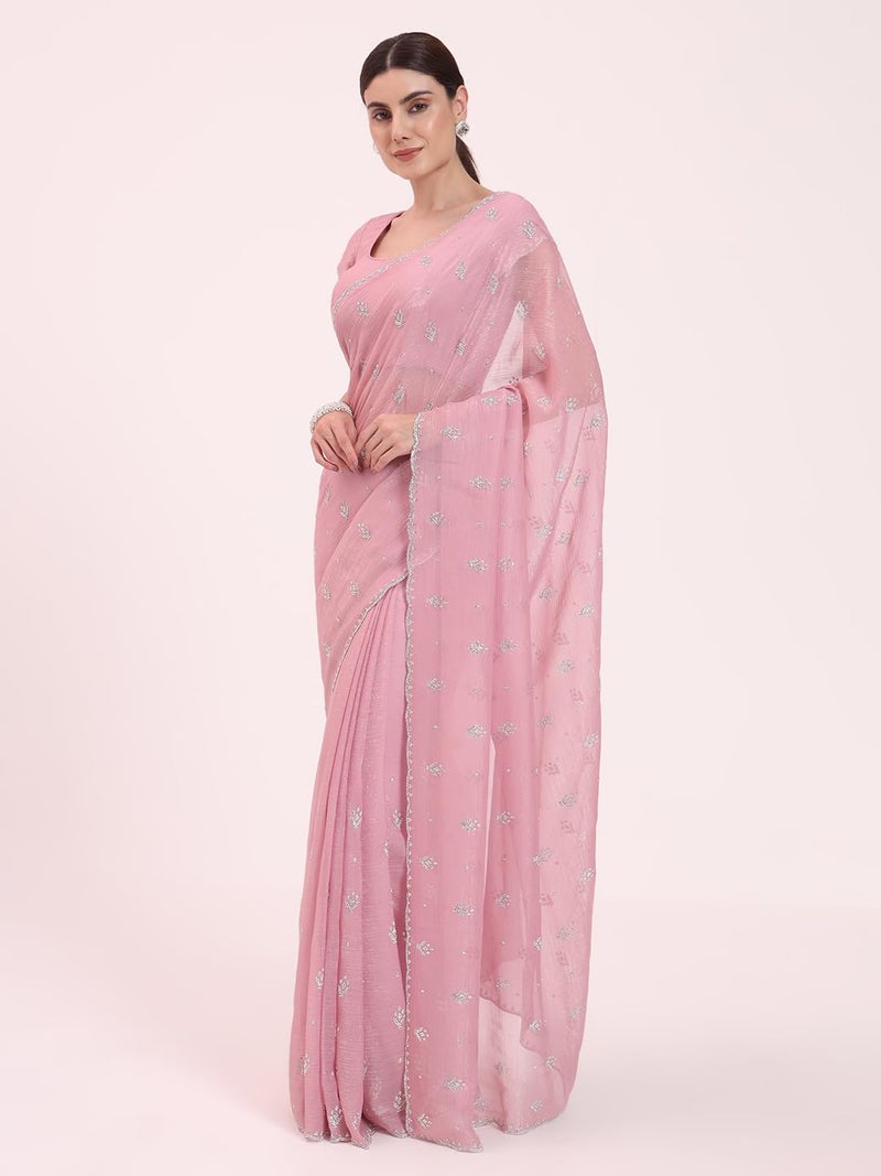 FIORRA Women's Light Pink Organza Crushed Siroski Work Embellished Border Saree With Unstitched Blouse - Image 4