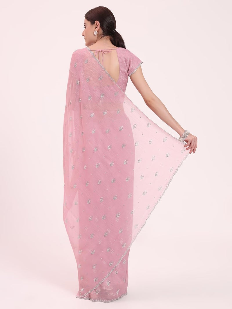 FIORRA Women's Light Pink Organza Crushed Siroski Work Embellished Border Saree With Unstitched Blouse - Image 2
